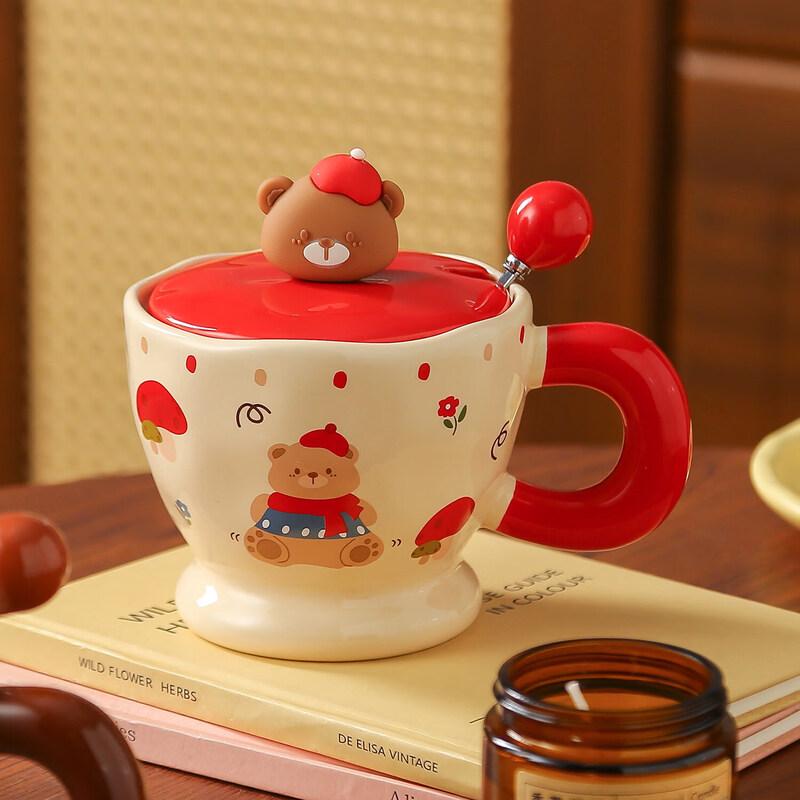 Cute Little Bear Ceramic Mug with Lid and Spoon