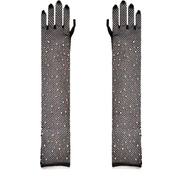 High Elasticity Diamond Studded Fishing Net Gloves,  Pressed And Sexy Nightclub Long Sleeves, Colored Diamonds