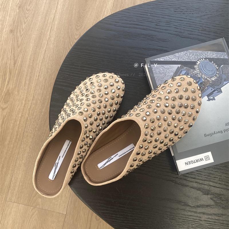 

Fashion Summer Women Punk Slippers Shoes Metal Rivet Charms Black PU Mules Outdoor Platform Modern Slippers Casual Shoes For Female 35 темные хаки