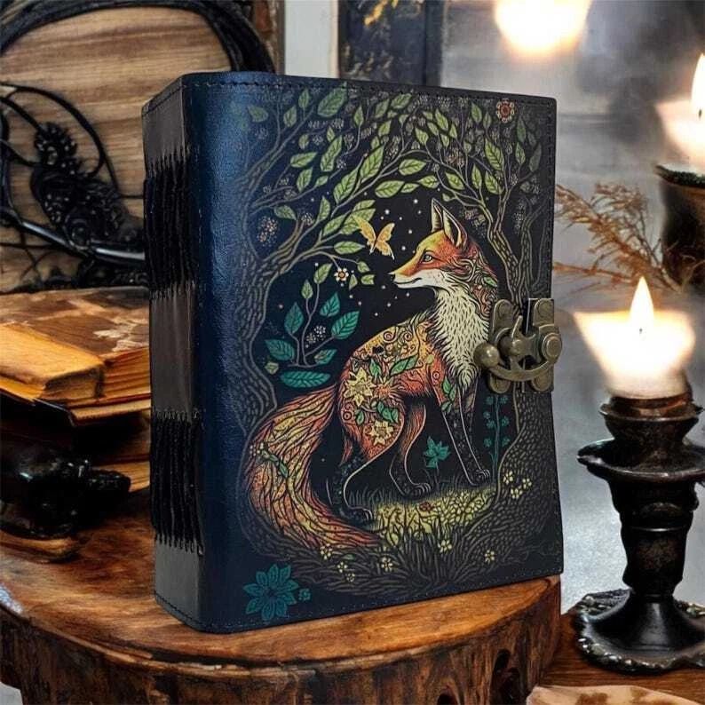 Large Fox Vintage Grimoire Fat Journal Blank Spell Book Handmade Leather Journal
