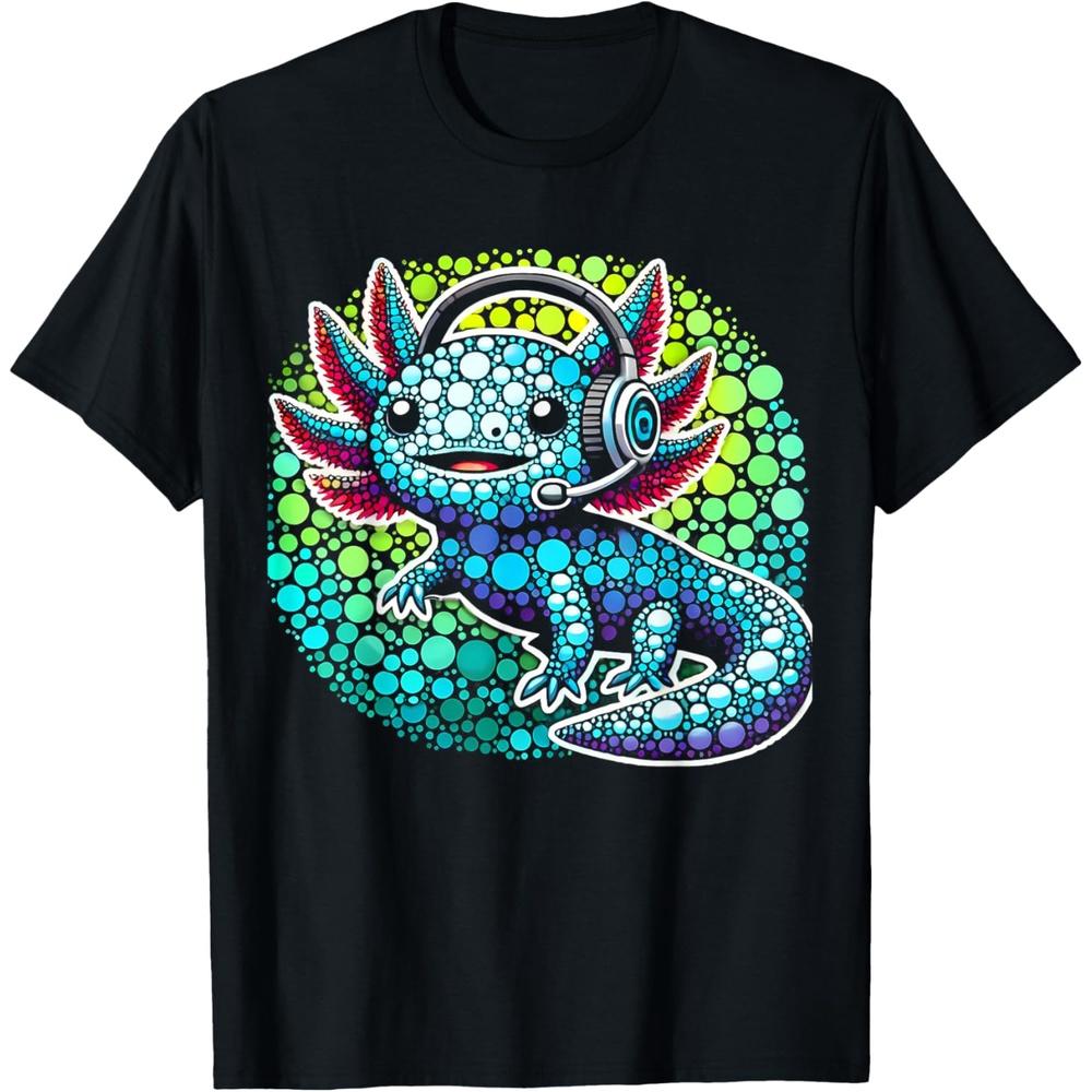 Gamer Axolotl Polka Dot Video Games Day Headphone Boys Youth Cotton Men T Shirt
