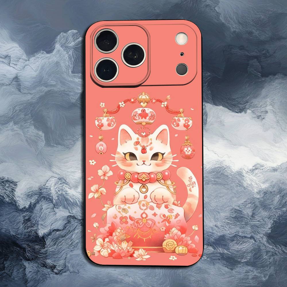 Cartoon Lucky Cat  Phone For iPhone 13,12,15,14,11,16,17,Plus,Pro Max,XS,X,XR,SE,Mini,8,7,Soft Silicone Black iPhone17Promax