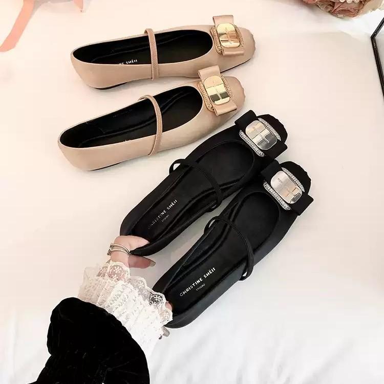 

[Su Yinyin of the same style] Pig Nose~ Diamond Buckle Silk Satin Mary Jane Ballet Flat Shoes Women s Dinner Shoes 34 шампанського