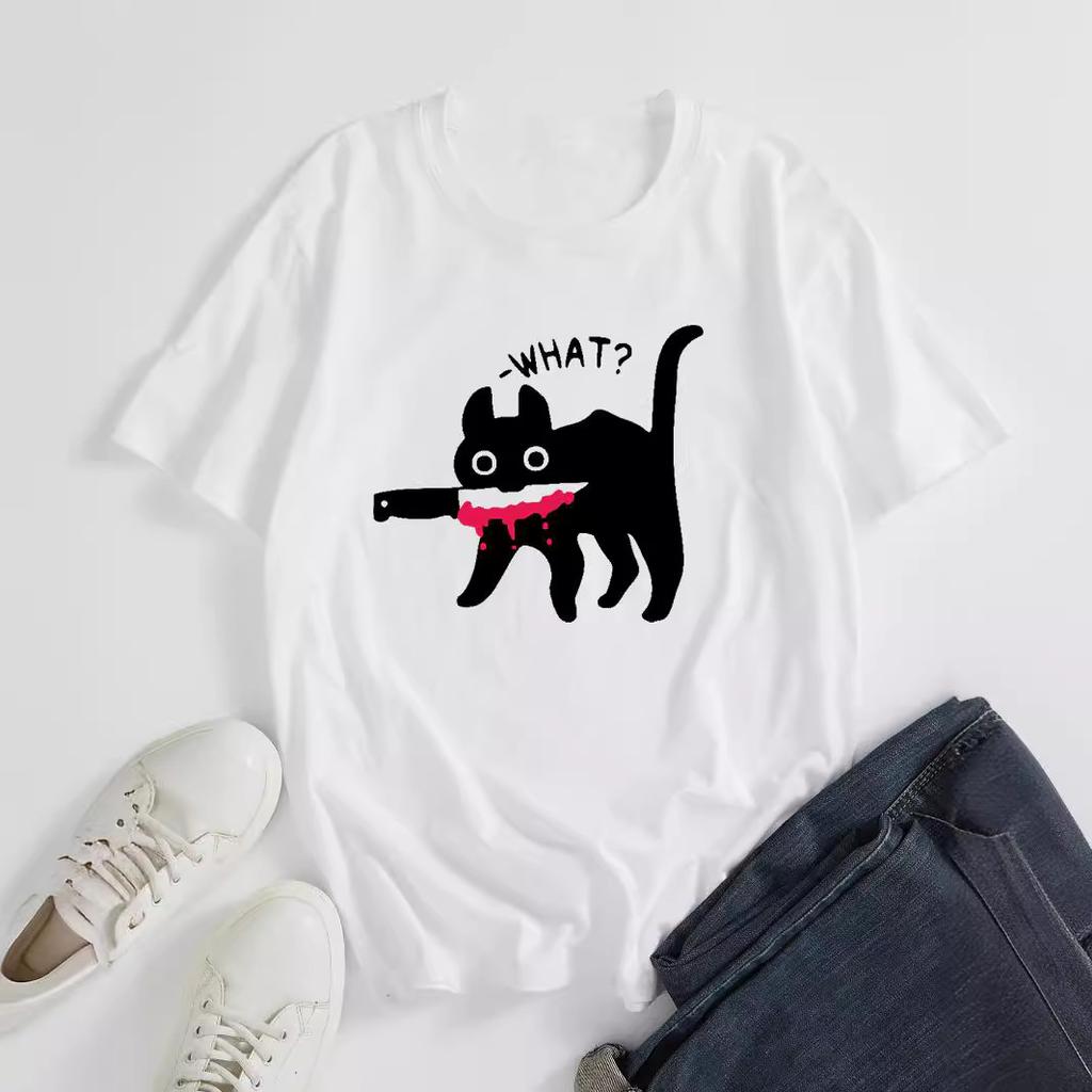 What Alphabet Cat Eat Knife Cotton T-Shirt Short Sleeve Round Neck Women 2d Print Tops