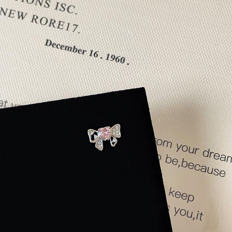 Pink Zircon Bowknot Heart Screw Stud Earrings - Versatile and Sweet Women's Ear Jewelry