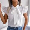 Women Spring Summer Temperament Commuter Wooden Ear Lace Up Bow Tie Chiffon Shirt Tops