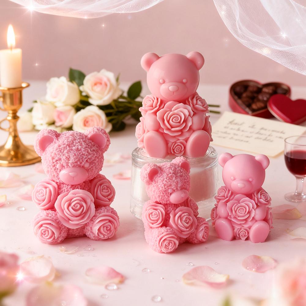 DIY Valentine's Day Rose Bear Silicone Mold Handmade Gift Scented Candle Gypsum Resin Mould Wedding Decor Candle Making Supplies