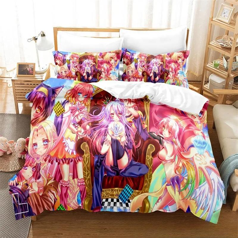 3D-Bettwäscheset „No Game No Life“ für Anime, Bettbezug, Bettgarnitur, Steppdecke, Kissenbezug, King-Size-Bett, Queen-Size-Bett, Twin-Size-Bett, Jungen, Mädchen, Erwachsene