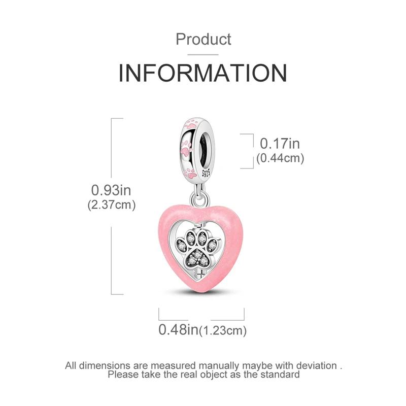 Charm Copper Cute Pink Dog-Paw Heart-Shaped Bead Fits Charm Plata Genuine Bracelets Women Jewelry Crafting Gift