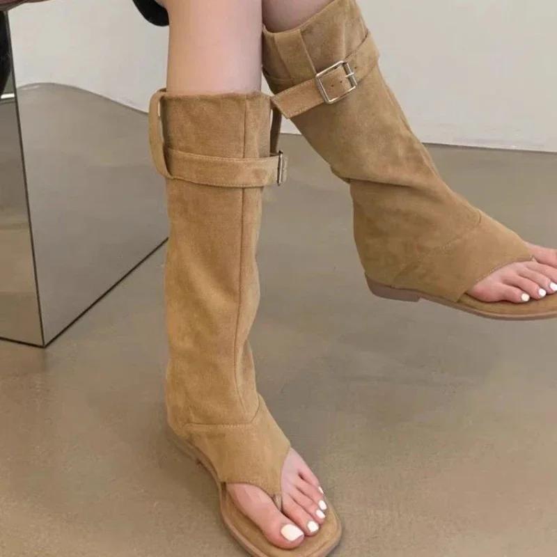 Fashion Designer Women's Boots Fashion Open Toe Women Sandals Luxury Suede High Top Roman Sandal Outdoor Versatile Women Knee High Boots