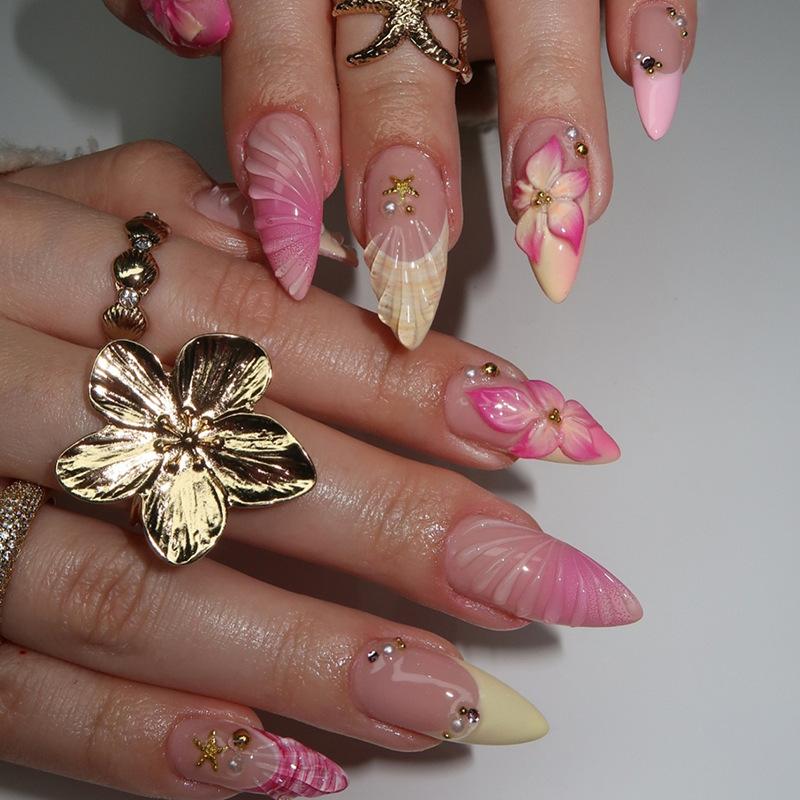 French Style Pink Flower Art Nail Patch Long Almond Fake Nails With Pearl Flower For Women Diy Manicure Accessories 1PCS