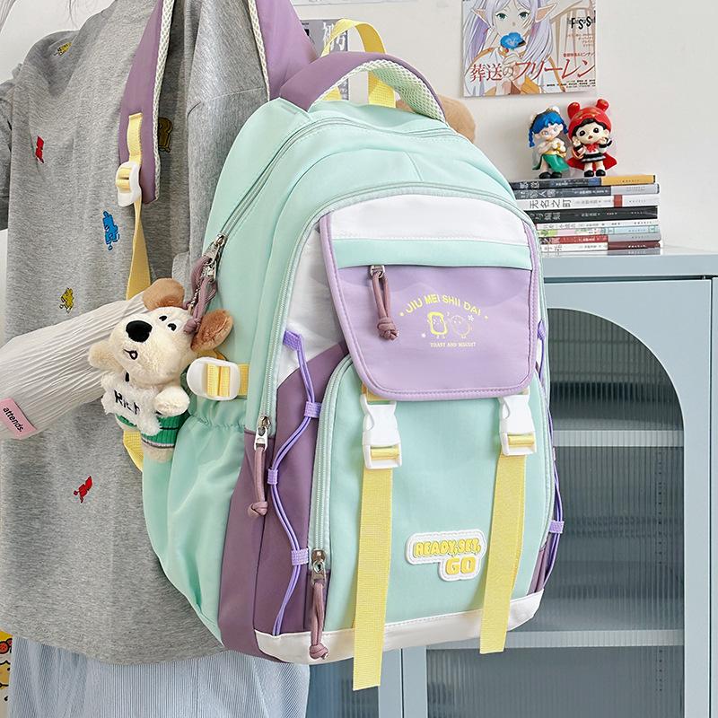 middle school student schoolbag, women's new contrasting color waterproof, ultra-light large-capacity lightweight high school backpack