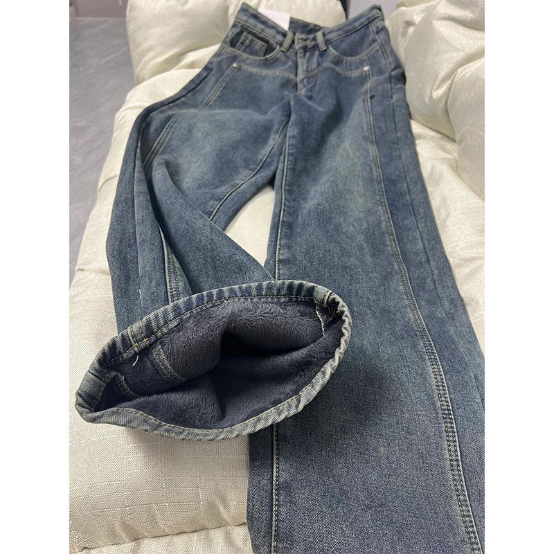 Women's Plus Size Fleece-Lined Wide Leg Jeans, 2024 Winter Loose Straight Fit Slimming Floor-Length Pants