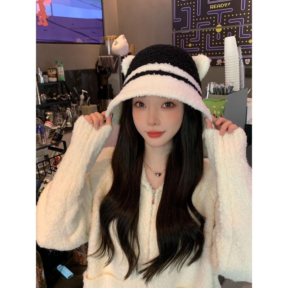 Hat Female Cute Bear Two-color Splicing Bucket Hat Winter Warm Show Washbasin Hat Thick