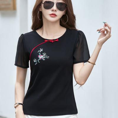 Camiseta de algodón para mujer, de manga corta, nueva prenda de verano, estilo coreano, moderna, holgada, versátil, con cuello redondo y media manga.