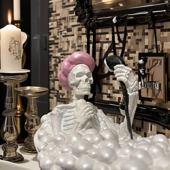 Halloween Bathing Skeleton Ornament Resin Bubble-Filled Bathtub Skeleton Figurine Statue Sculpture Home Office Holiday Party Decoration