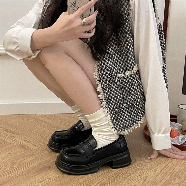 New black platform autumn British style heightening small leather shoes soft-soled shoes 35