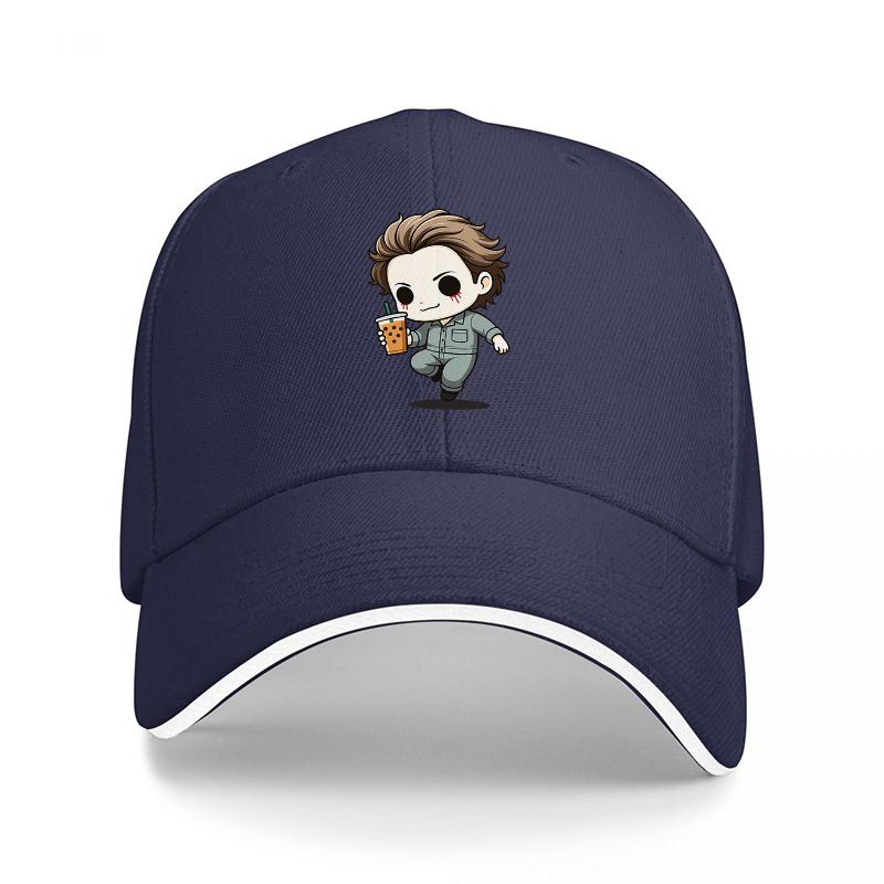 

Chibi Character Holding Coffee Cup Baseball Cap Black Cotton Adjustable Hat for Adults Fashionable Streetwear Accessory Adjustable
