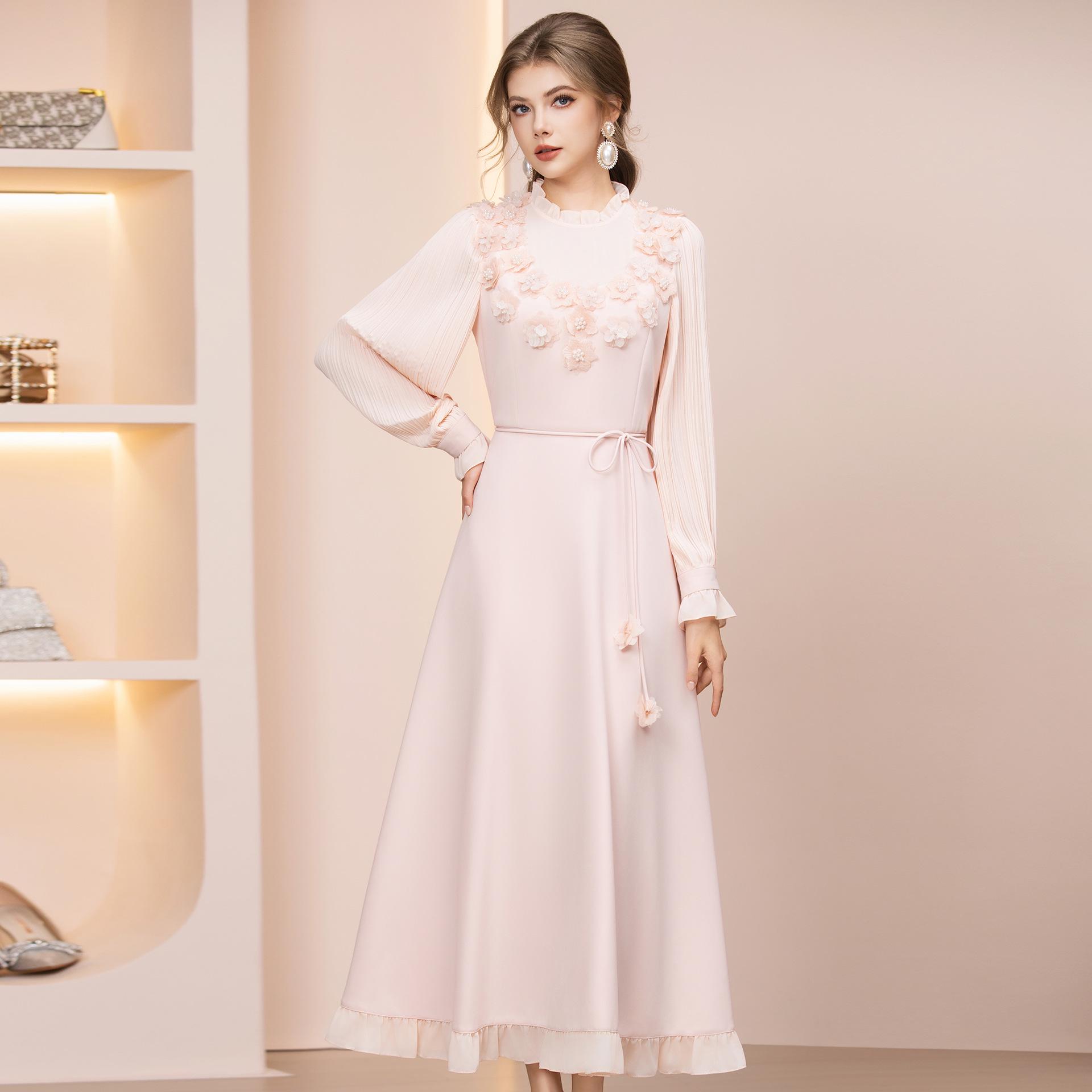 

Zhi Li Unique Rich Family Young Lady s Spring 2026 Ruffle Collar Pleated A-line Dress with Cinched Waist Tie Large розовый