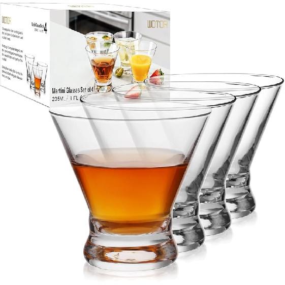 WOTOR Stemless Martini Glasses Set of 4, 8oz Cocktail Glass Set, Fancy Modern Martini Cups for Bar, Short and Small Margarita glasses 4 Count (Pack of 1)