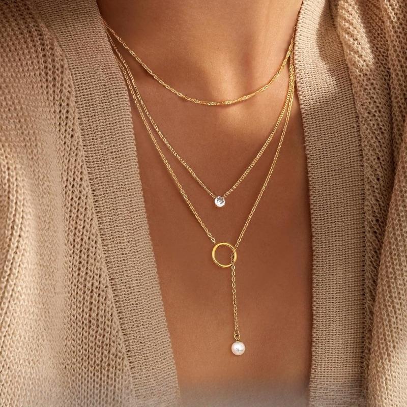 2-3pcs Women's Gold Necklace Stainless Steel Adjustable Choker Necklace CZ Pearl Pendant Chain Gold – with Jewellery Box