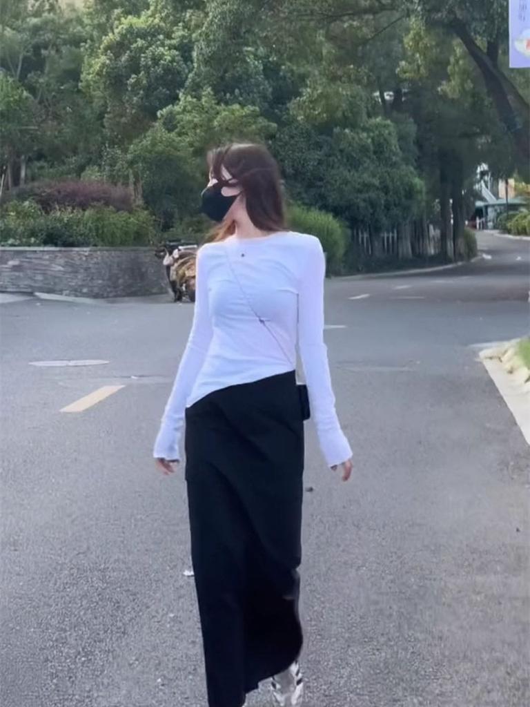 Autumn Wear Suit Simple Bottomed Cotton Top Temperament High Waist and Thin Tooling Skirt