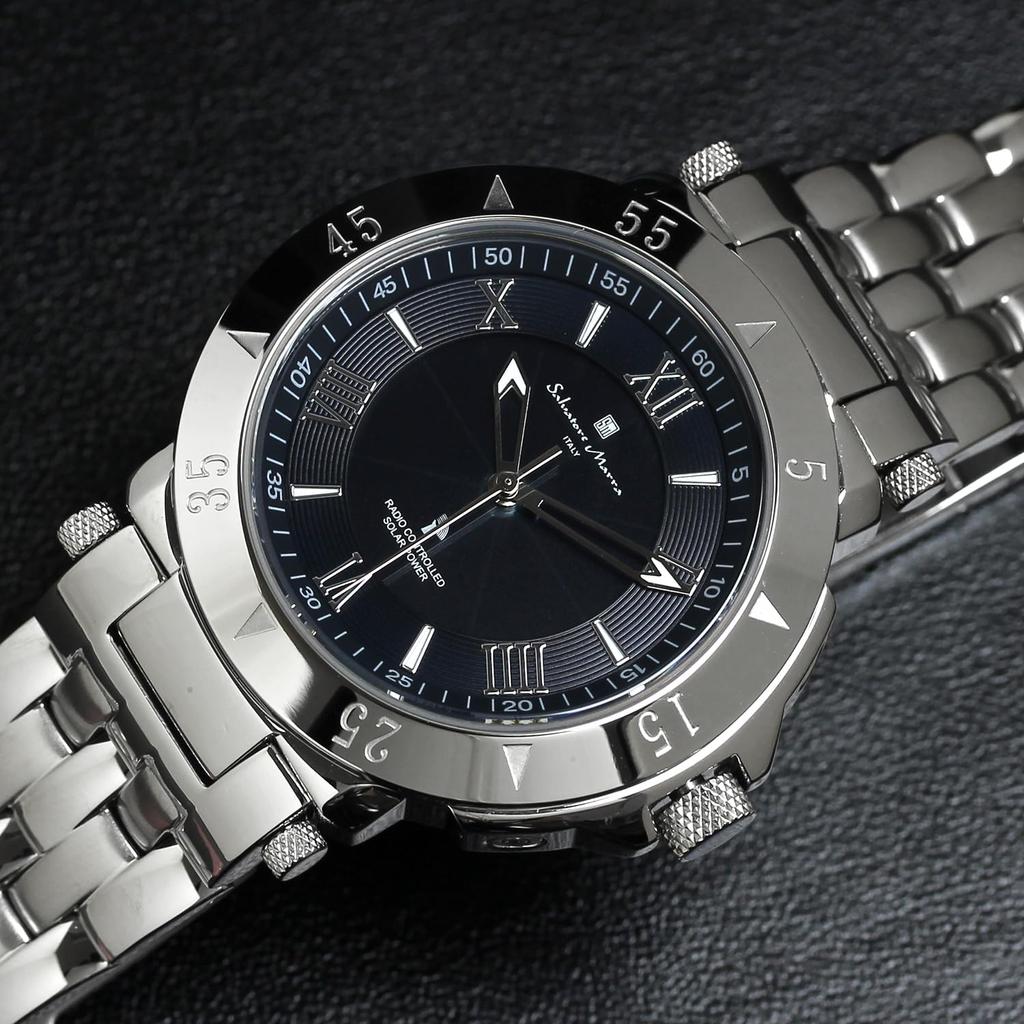 Salvatore Marra Solar Business and Formal and Blue Men's Radio-Controlled Watch, Wear, Silver, Navy,
