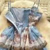 French Romantic Style Blue Floral Spaghetti-Strap Long Dress for Women Summer Korean-Style Tiered Slimming VacationBeach Dress