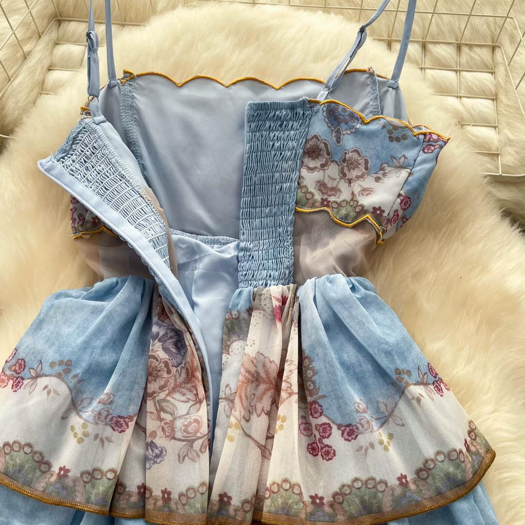French Romantic Style Blue Floral Spaghetti-Strap Long Dress for Women Summer Korean-Style Tiered Slimming VacationBeach Dress
