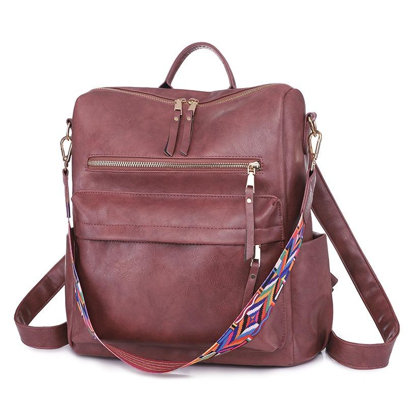 Retro High Capacity Women's Backpacks High Quality PU Leather Waterproof Ladies Shoulders Bag Fashionable Widened Shoulder Strap Girl Female Rucksacks