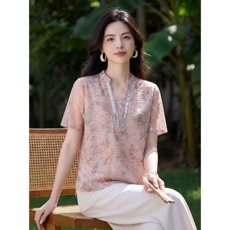 Oudeifu Women s Elegant Sequin Floral Print Short Sleeve Blouse XL розовый