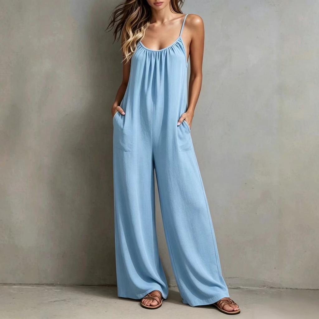 2026 Spring and Summer New European and American Cross-border Women's Clothing Casual Loose Wide-leg with Pockets Seaside Vacation Style Jumpsuit