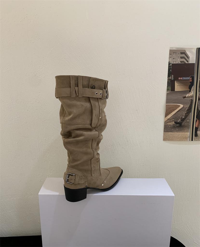 2025 New French Pointed Belt Buckle Wide Tube Thin European and American Style Thick Heel Boots Street Style Wear