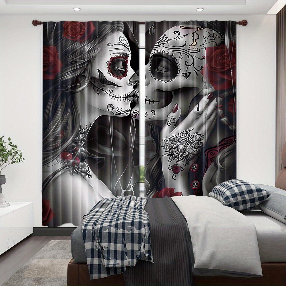 2PC Couple Skull Blackout Curtains - Woven Polyester Rod Pocket Drapes for Bedroom & Study, Modern Halloween Decor