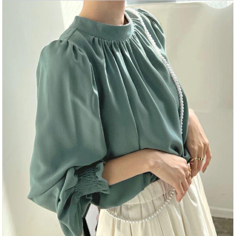 Cross-Border Japanese and Korean Sweet Fashion Commuter Ol Spring/Summer New Arrival Stand Collar Not Wrinkle Loose Bubble Long Sleeve Chiffon Shirt