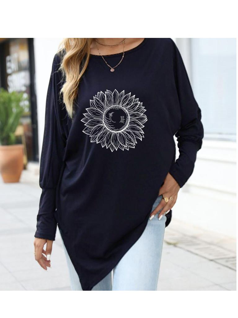 Women's Spring/Fall Asymmetrical Hem T-Shirt Fashion Printed Logn Sleeve Top Women's Oversize Long-Sleeve