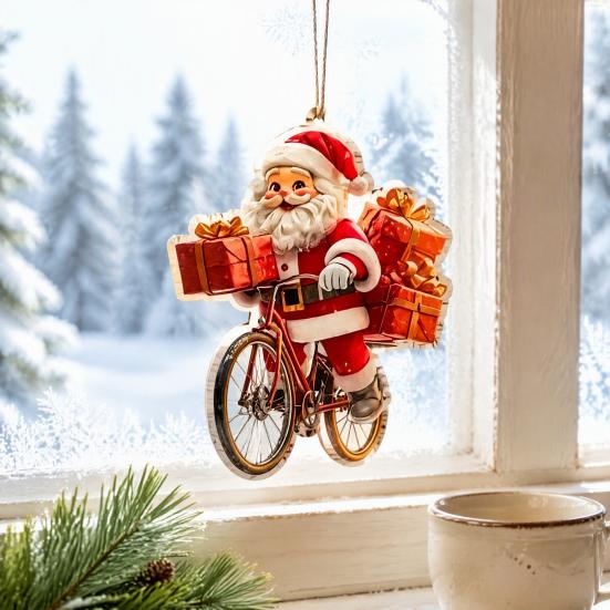 Creative Festive Home Ornaments 8/16/24/32Pcs 2D Flat Christmas Wooden Ornaments, Santa Claus Riding Bicycle Hanging Xmas Door And Window Decorations