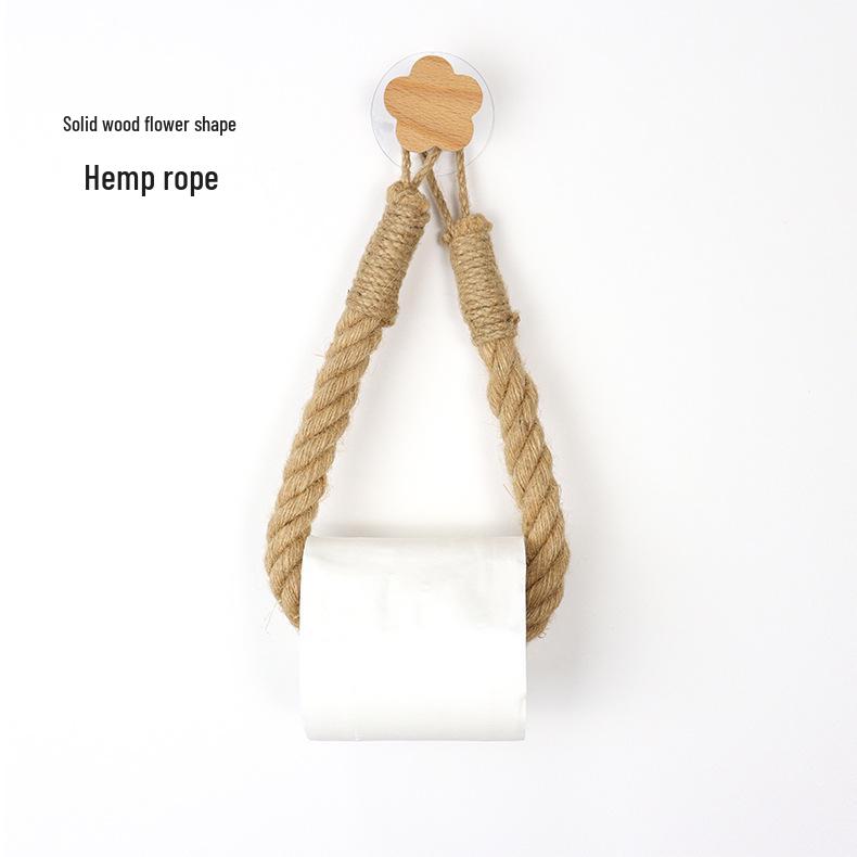 Handmade Woven Hemp Rope Tissue Holder with Solid Wood Roll Paper Rack