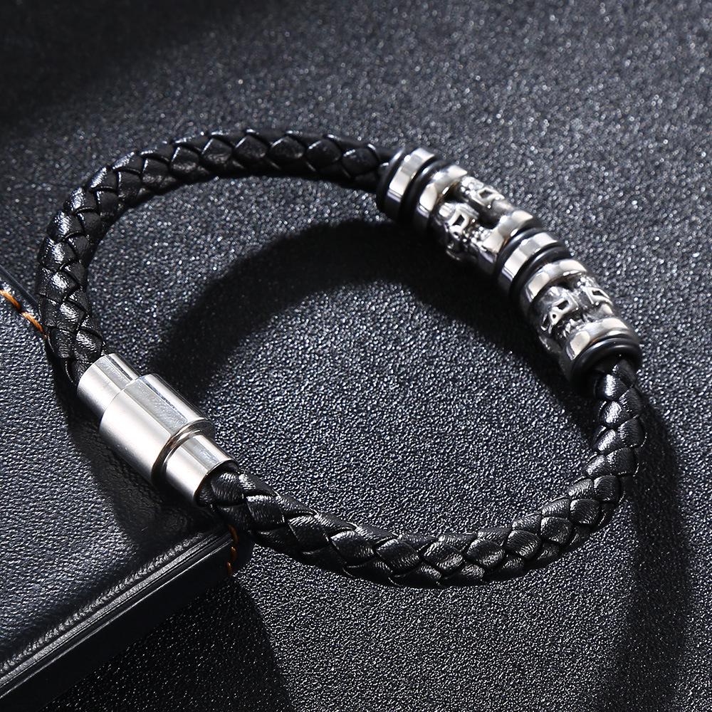 Cross-Border Stainless Steel Skull Leather Bracelet with Magnetic Buckle - Punk Hip Hop Style
