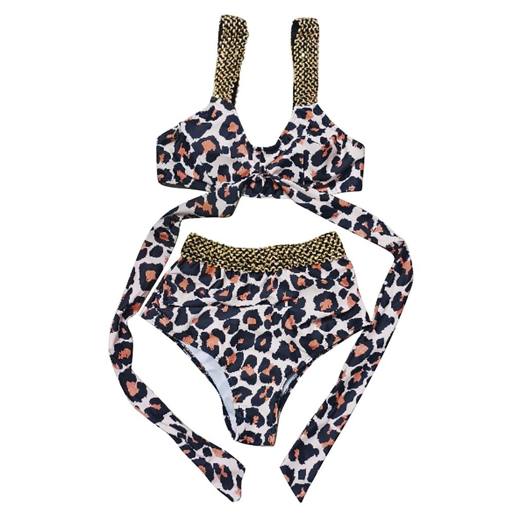 Bikini 2025 Kvinner Kvinners Bikini Leopardtrykk Høy midje Badebukse Mage Dekning Paljett Gull Elastisk Bånd Badedrakt Kvinne