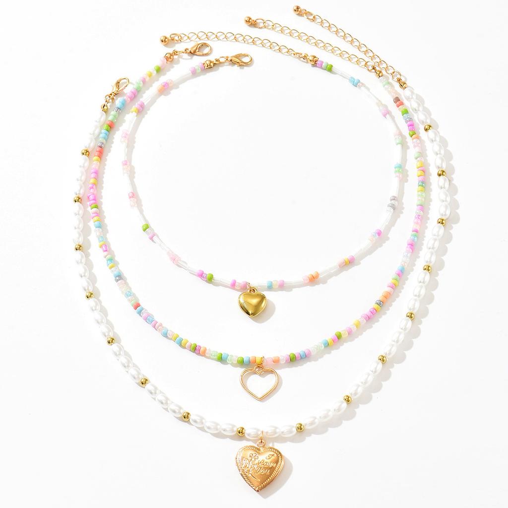European and American Bohemian Love Pendant Necklace Multi-layered Color Beaded Imitation Pearl Clavicle Chain