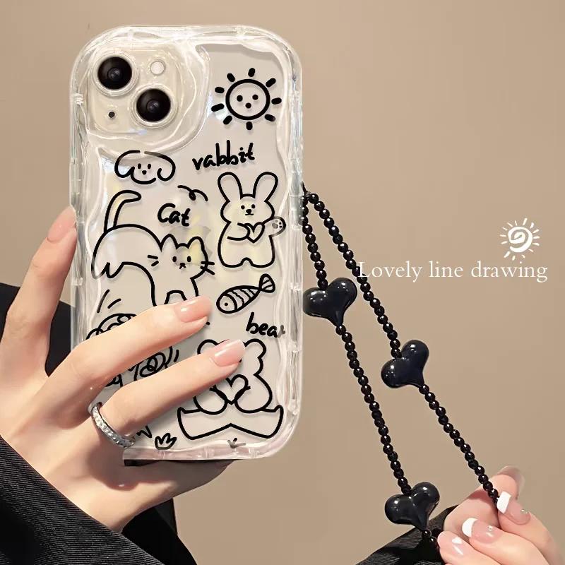 Wave Case For Iphone 15 16 Pro Max 11 12 13 14 Pro Max 16 Plus 7 8 XR X 13 Mini Cover With Wrist Strap Lanyard Rainbow Butterfly