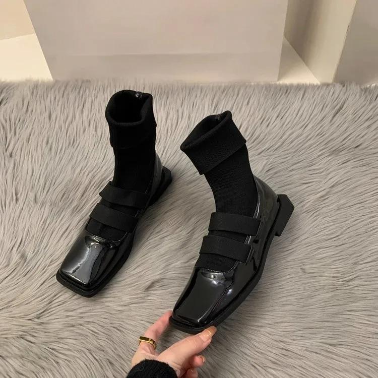 Fashion British style square knitted socks boots 2025 new women's boots high quality slimming loafers women's ankle boots single shoes