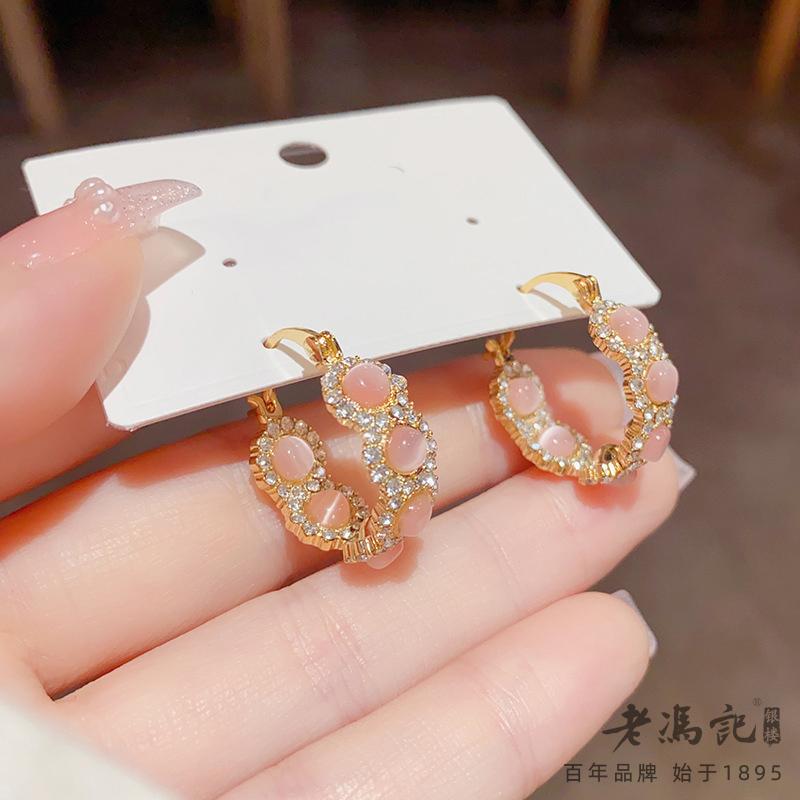 High end light luxury unique temperament retro cat eye stone circle ear buckle niche design exquisite and versatile