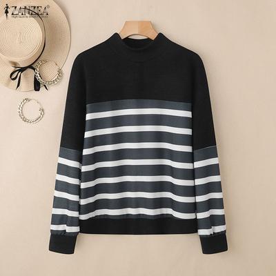 Women Casual Stand Collar Loose Long Sleeve Stripe Blouse