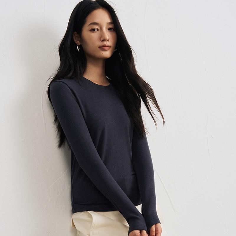 Tencel Woll-Unterhemd Damen Herbst und Winter neu Rundhals-Oberteil schlicht einfarbig warm lange Ärmel