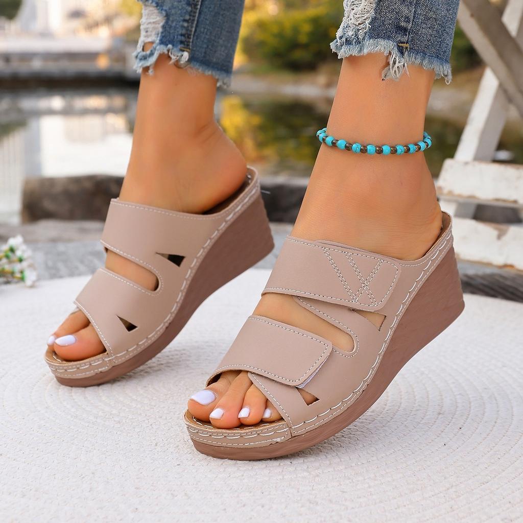 Women's Open Toe Wedge Sandals Slip On Slides Cork Platform Heeled Sandal Comfort Summer Beach Shoes Thick Sole Sandals Casual Dressy Slides for Women
