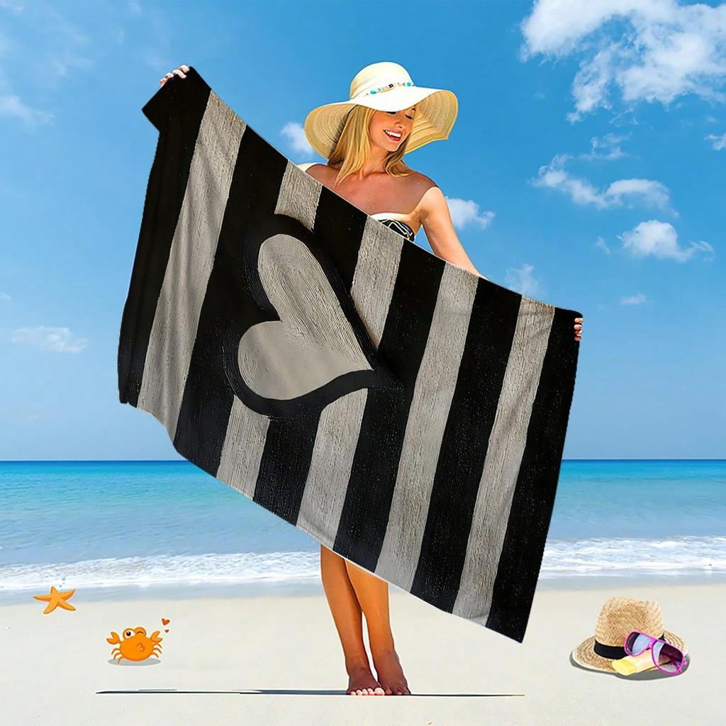 Telo Mare a Strisce Bianche e Nere a Forma di Cuore, Extra Large, Poliestere, Morbido, Assorbente, Asciugatura Rapida, Leggero, Spiaggia Piscina Viaggio Unisex
