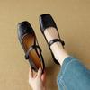 New low-heeled flat shoes, black women's single shoes, casual square heel, four-season shoes, shallow mouth one-pedal leather shoes, women's low heel