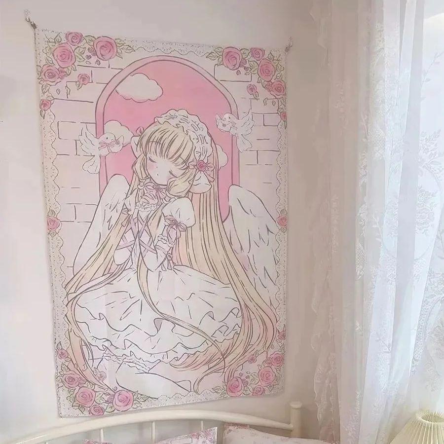 

Angel Anime Tapestry Pink Sketch Angel Print Polyester Wall Hanging Coquette Kawaii Themed Home Decor for Bedroom Dorm 74x94cm(29x37in)